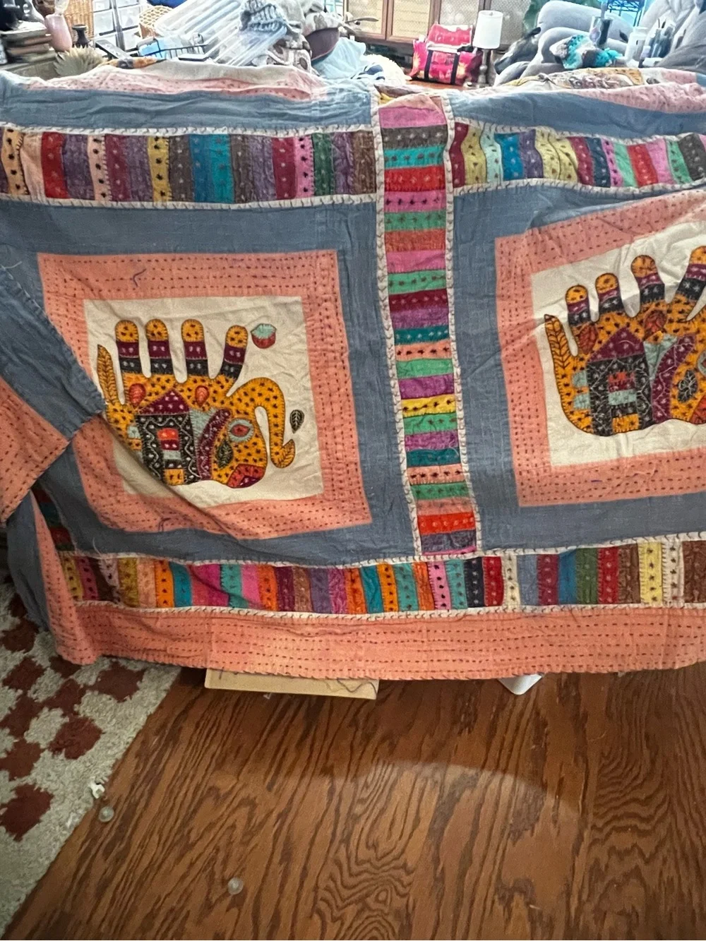 Handmade Multicolor Elephant Patchwork Quilt - Peach & Blue